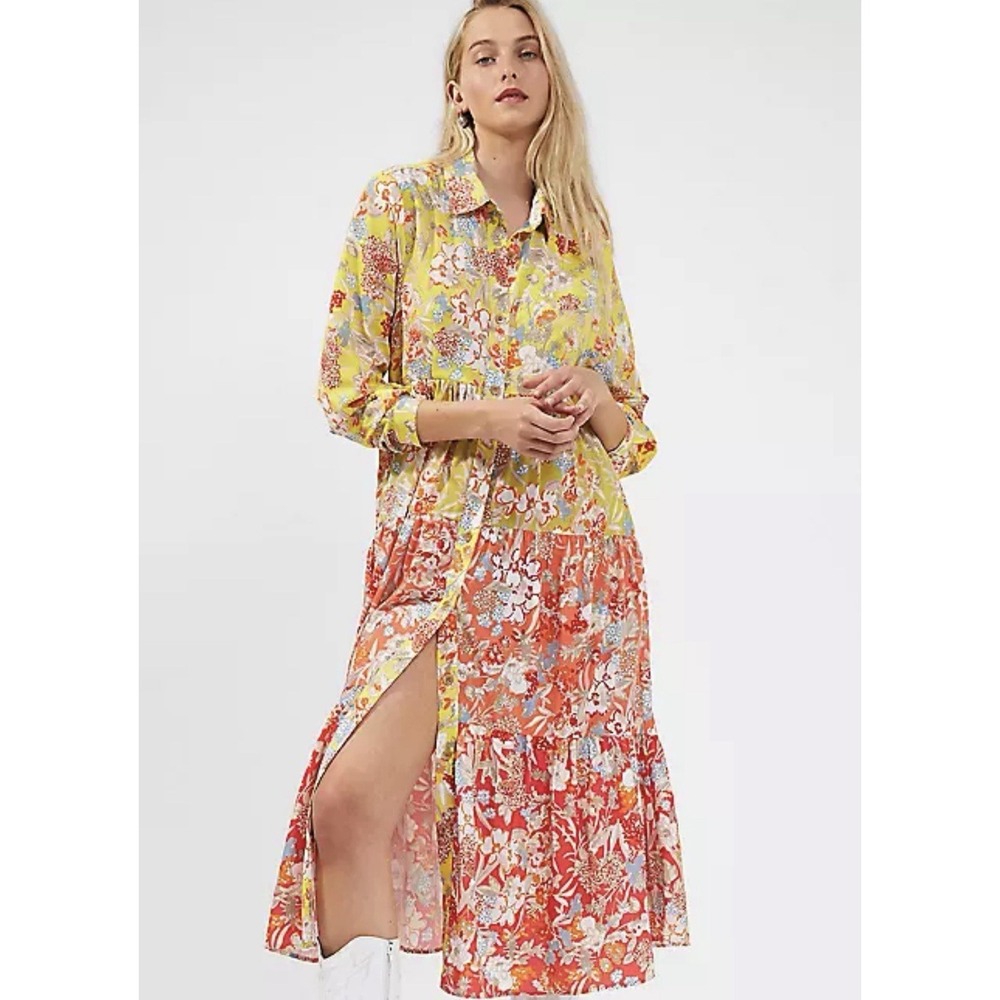 French Connection Women Multicolor Floral Long Sleeve Tiered‎ Maxi Dress Size 4